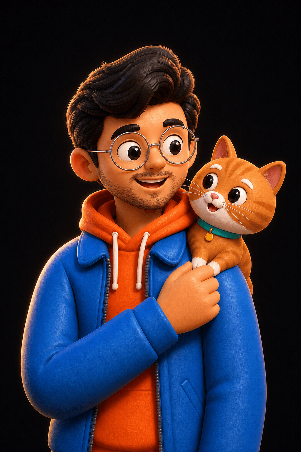 3D cartoon avatar of Aman Kumar wearing specs with light stubble and holding an orange cat with white paws